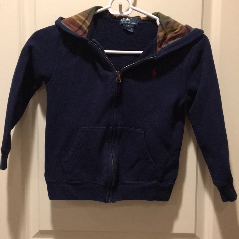 Polo by Ralph Lauren kids zip up hoodie sweatshirt /plaid lined hood boys size 7